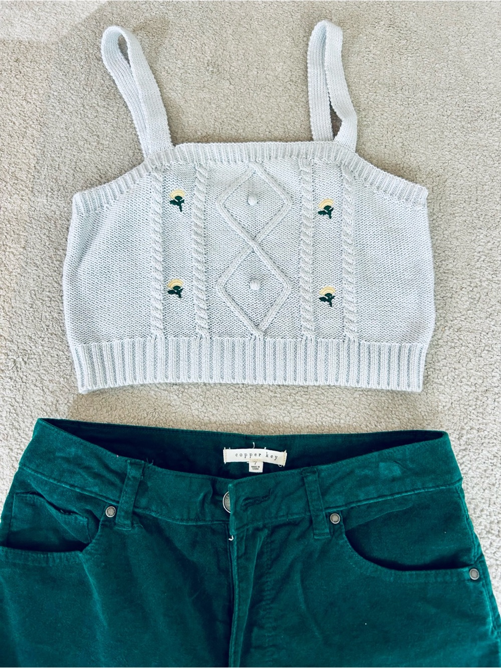 Wild Fable Knit Light Blue Cropped Tank with Green & Yellow Floral Embroidery